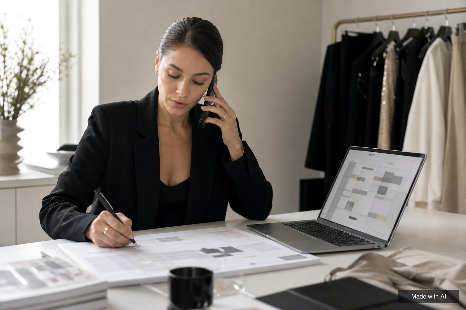 A booker on the phone writes on a paper weekly schedule next to a laptop calendar