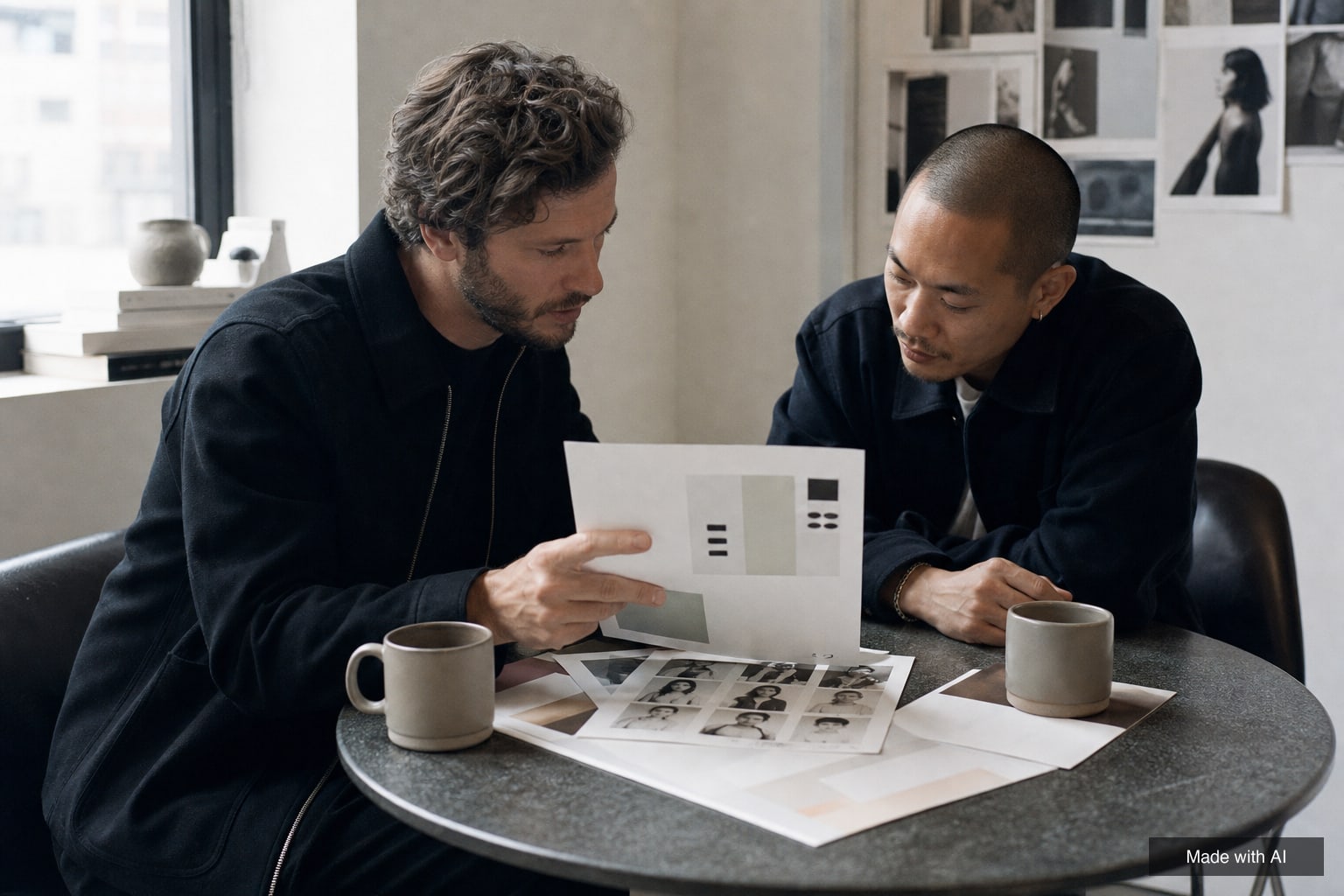 A booker and a producer discuss a printed rate sheet and model photos at a small meeting table