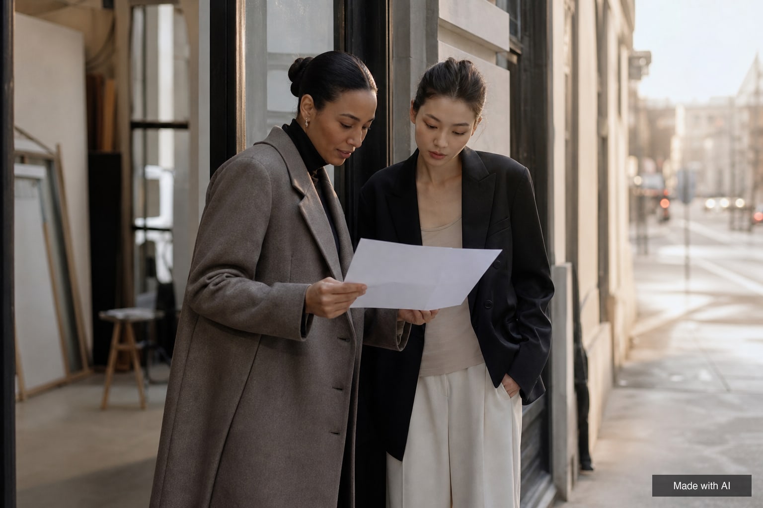 A booker and a young model check a printed call sheet outside a photo studio entrance in the morning