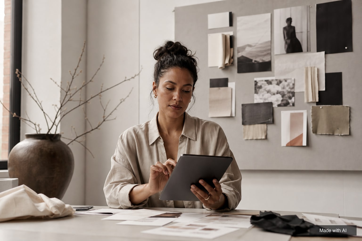 Casting director reviewing a talent shortlist on a tablet in a studio