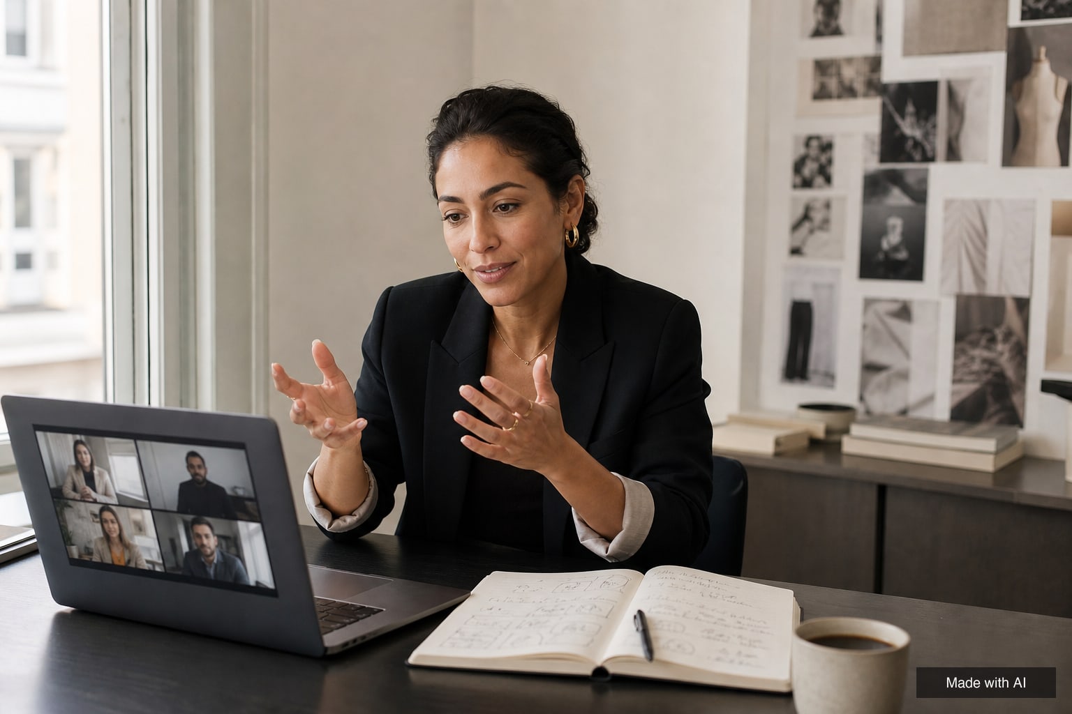 Talent manager on a video call with a brand team, taking notes on deal terms