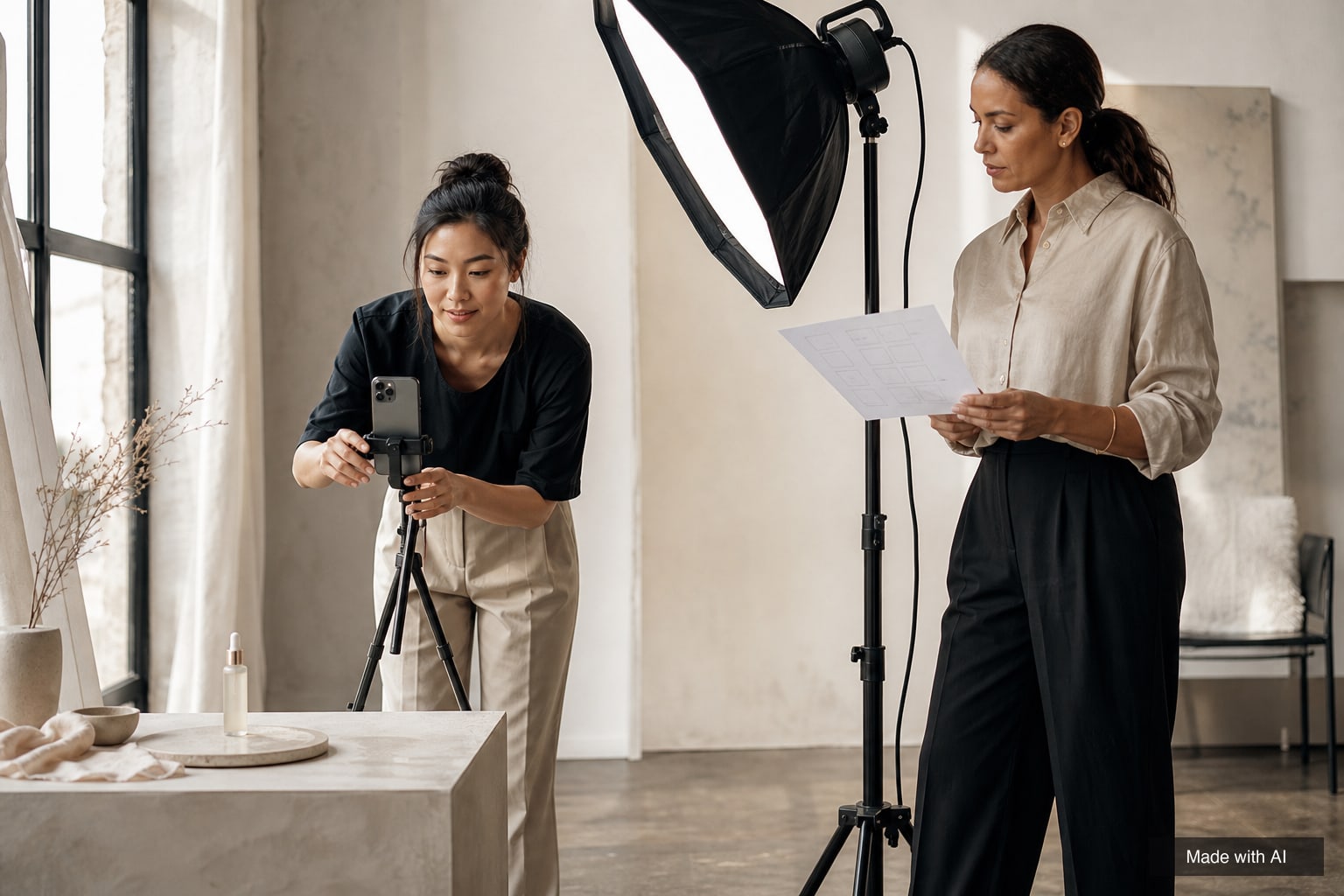 Creator filming a vertical video while her manager checks a shot list on set
