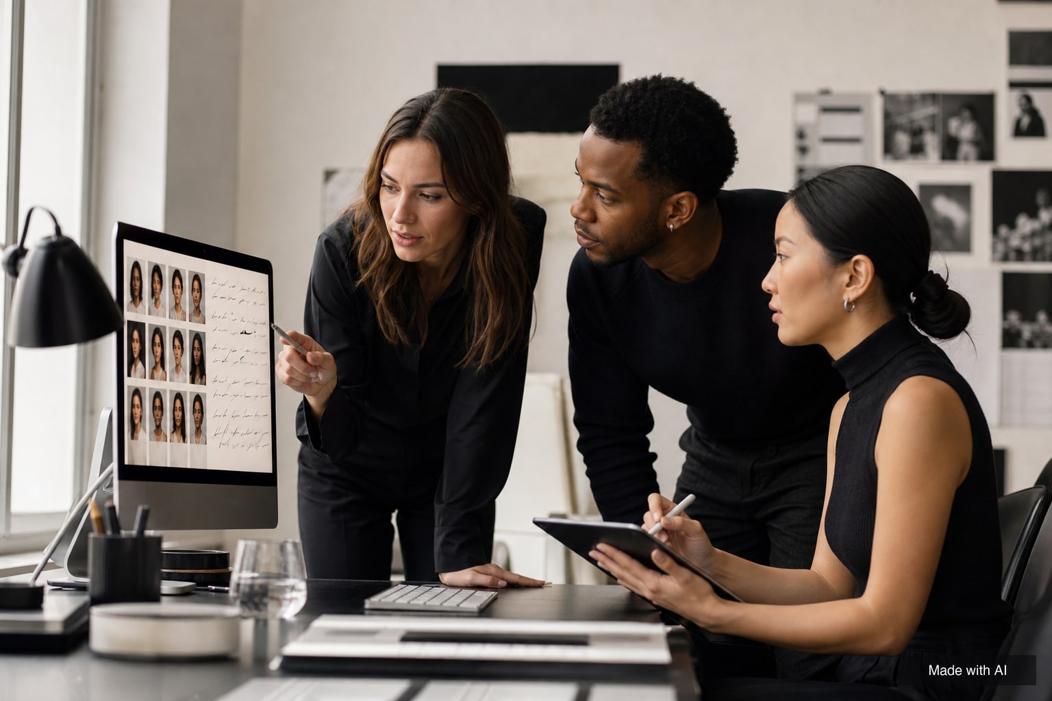 Three agency staff reviewing a grid of talent profiles on a large monitor