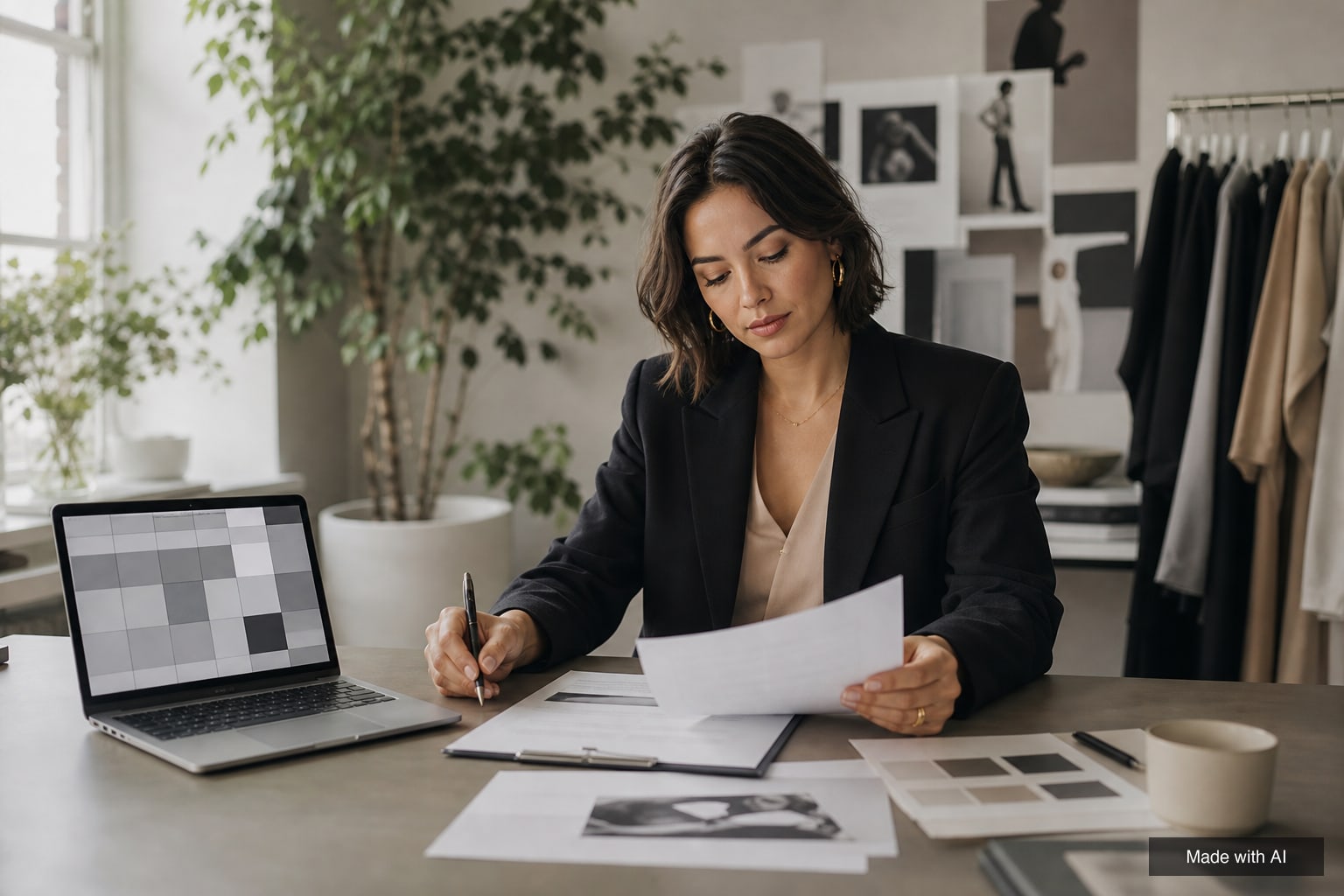 An agency founder reviews printed contracts and an insurance document at a desk next to a laptop spreadsheet