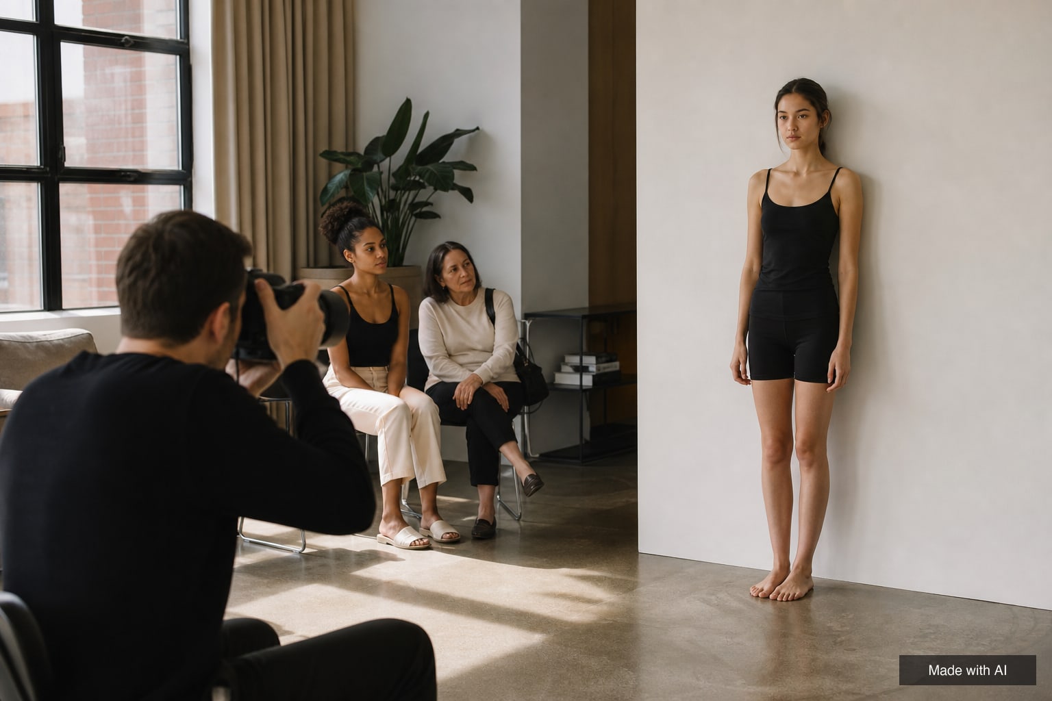 A booker takes digitals of an applicant against a white wall while other applicants and a parent wait on chairs