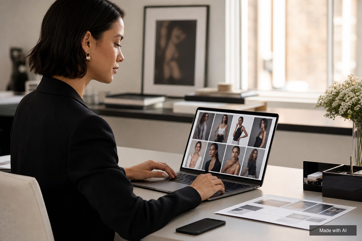 A booker at a desk sends a model package from a laptop showing a grid of portfolio images
