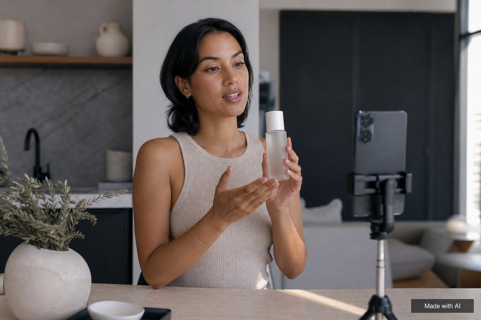 Creator filming a short product video on a smartphone in a sunlit kitchen