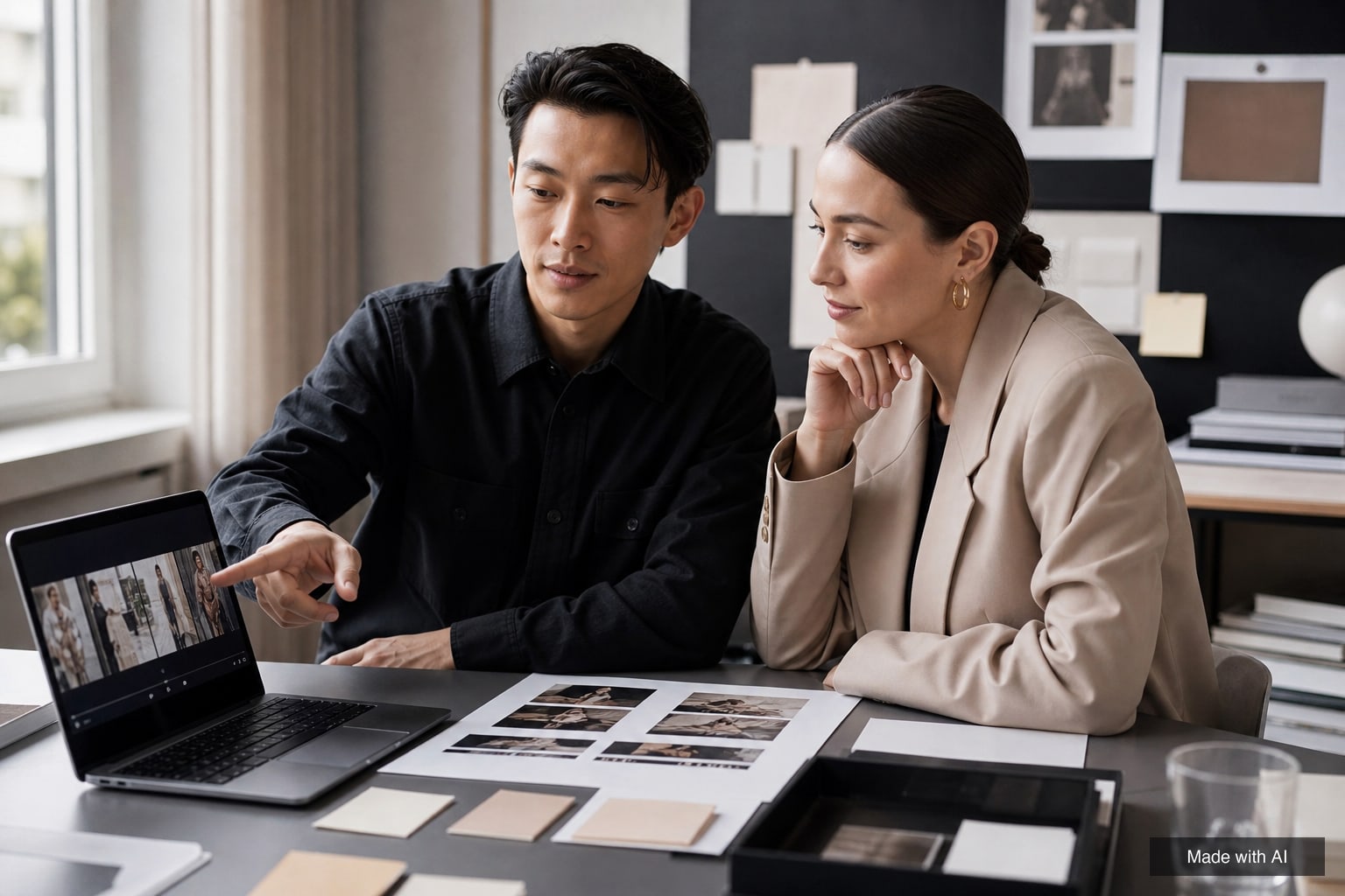 Two agency staff members reviewing a draft social video against a printed brief
