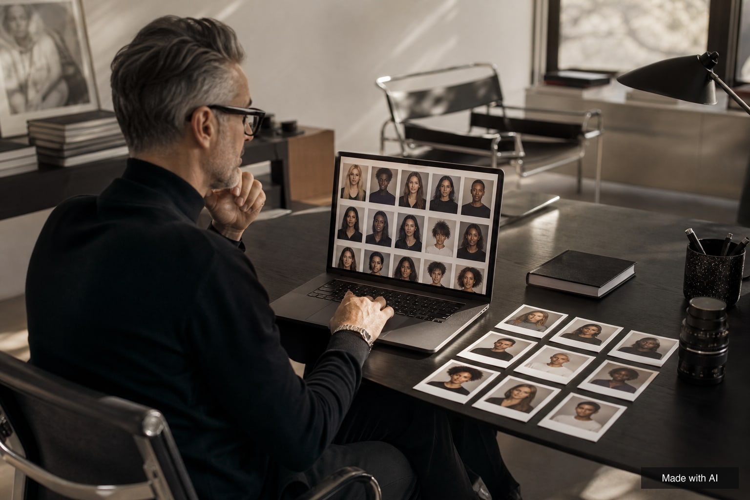 Scout reviewing applicant photos on a laptop next to instant-film portraits