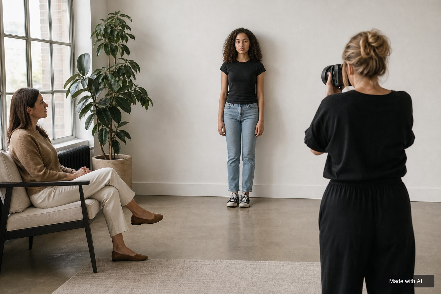 Booker taking simple digitals of a teenage girl while her mother watches