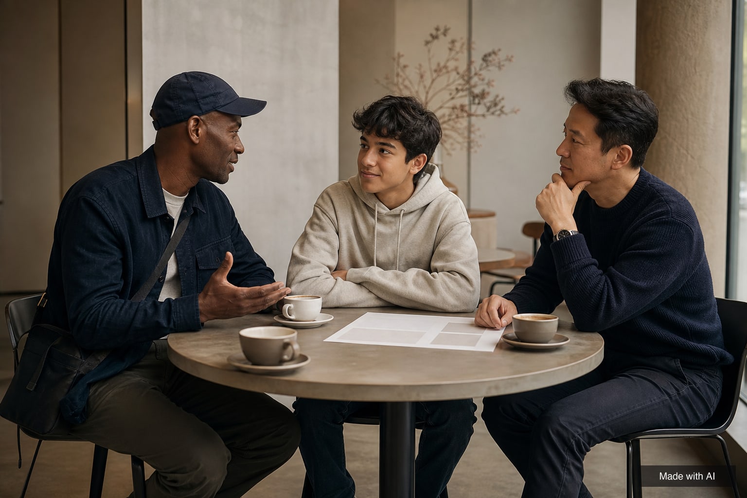 Scout meeting a teenage boy and his father at a café table