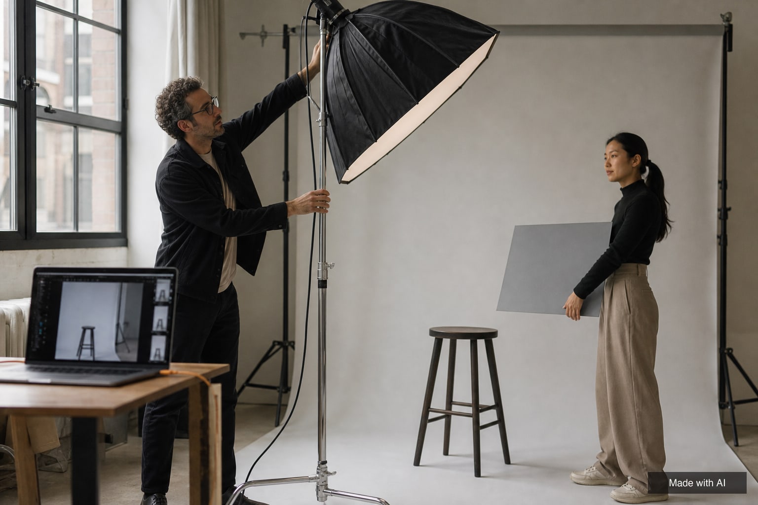 A photographer adjusts a softbox while an assistant holds a gray card during a lighting test in a studio