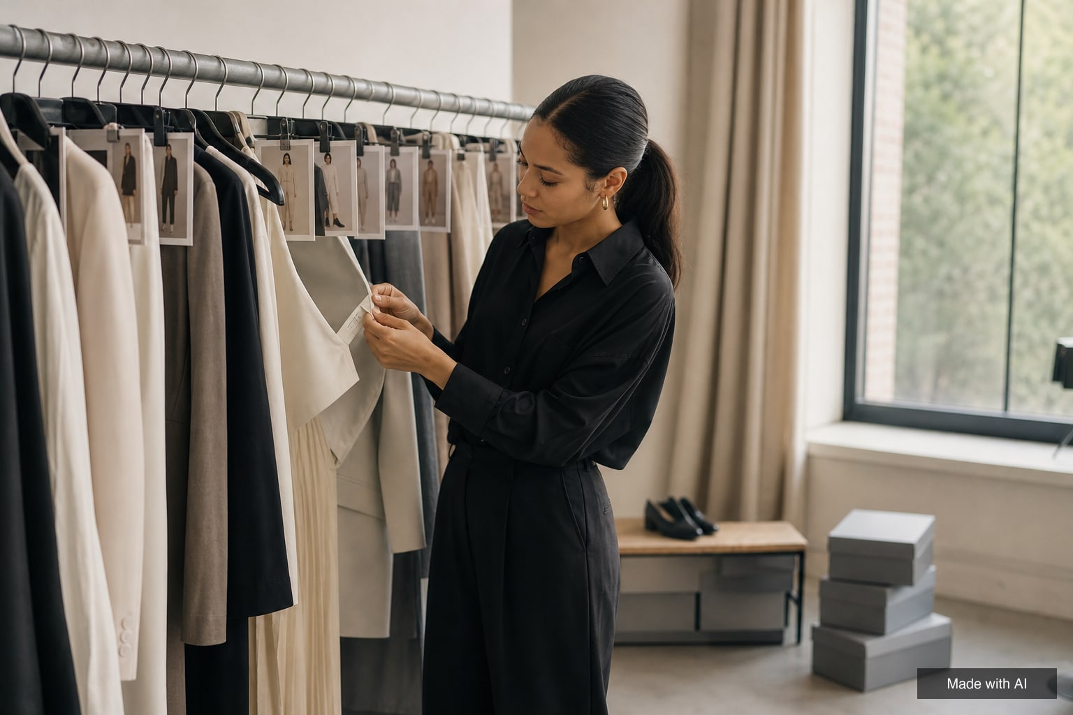 A stylist's assistant checks a size label on a clothing rail with printed outfit references clipped to the hangers