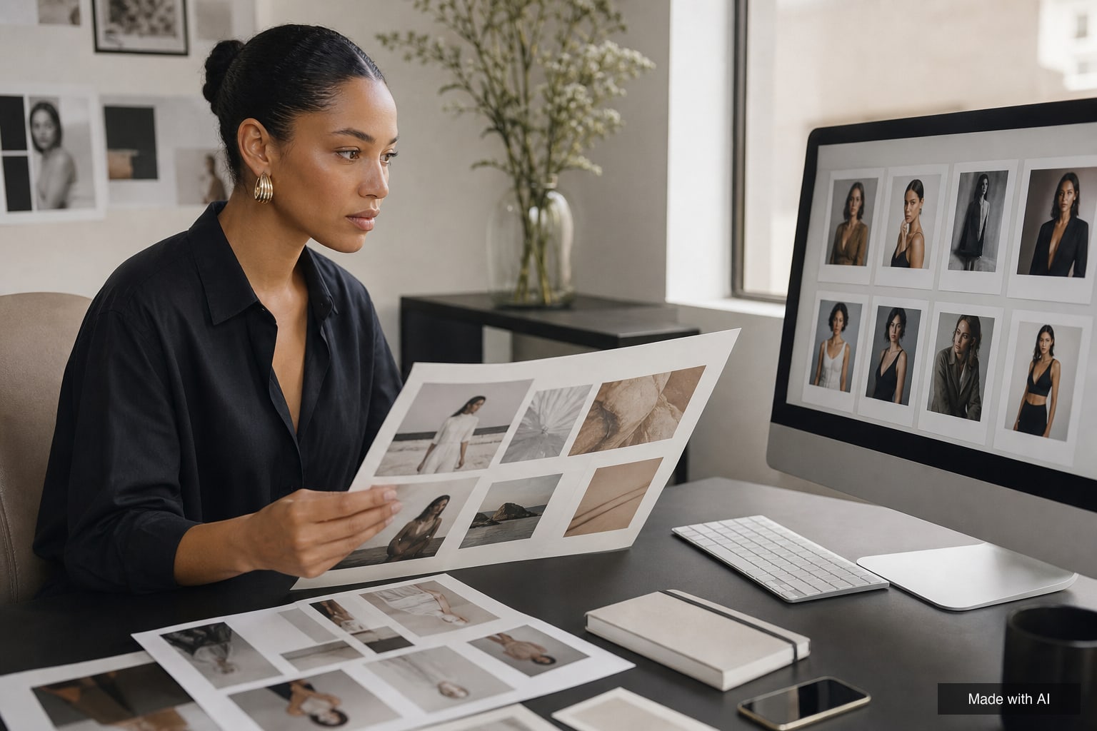 A booker compares a printed mood board with model polaroids on a large monitor at an agency desk