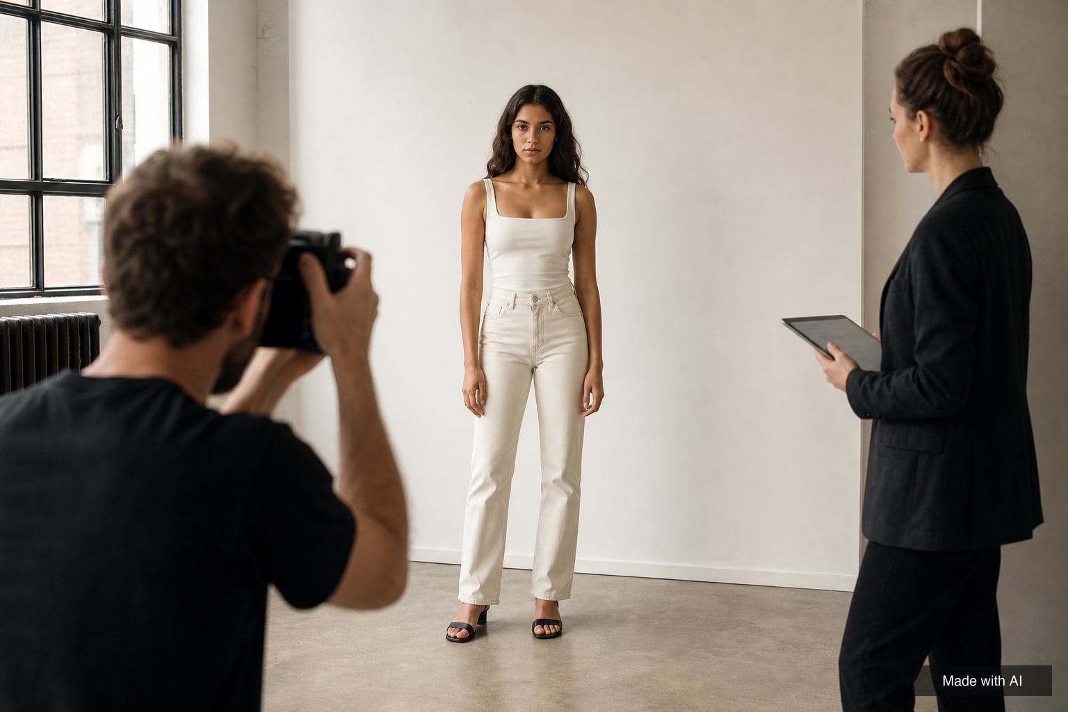 A photographer takes digitals of a young model against a white wall while a booker takes notes on a tablet