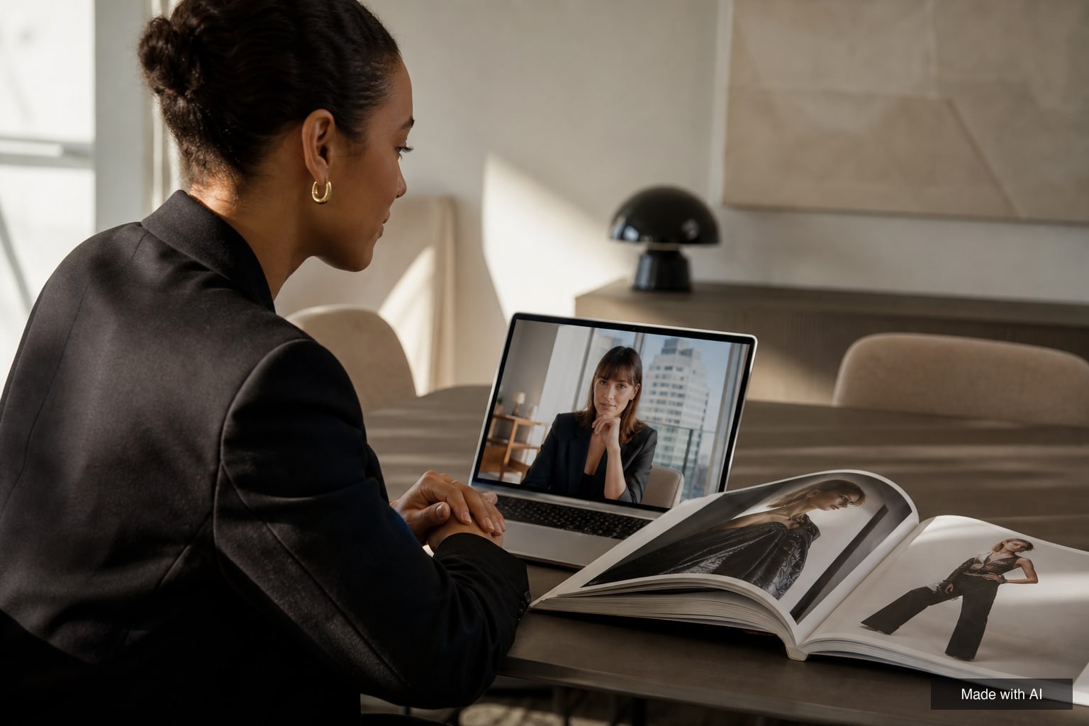 A booker on a video call with a colleague in another city, a printed model book open on the table