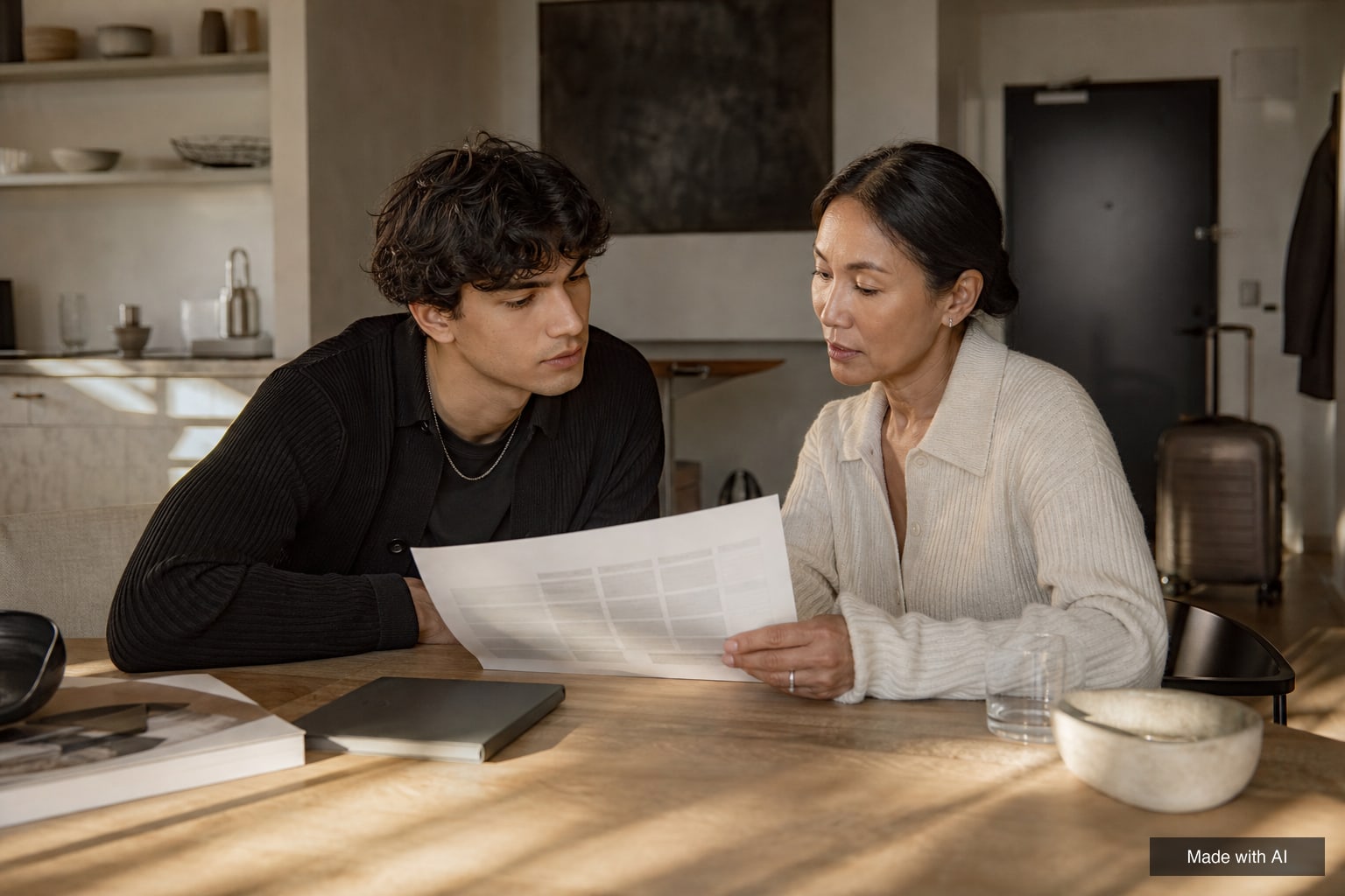 A young male model and an agent review a printed schedule at a table in a shared apartment, a suitcase by the door