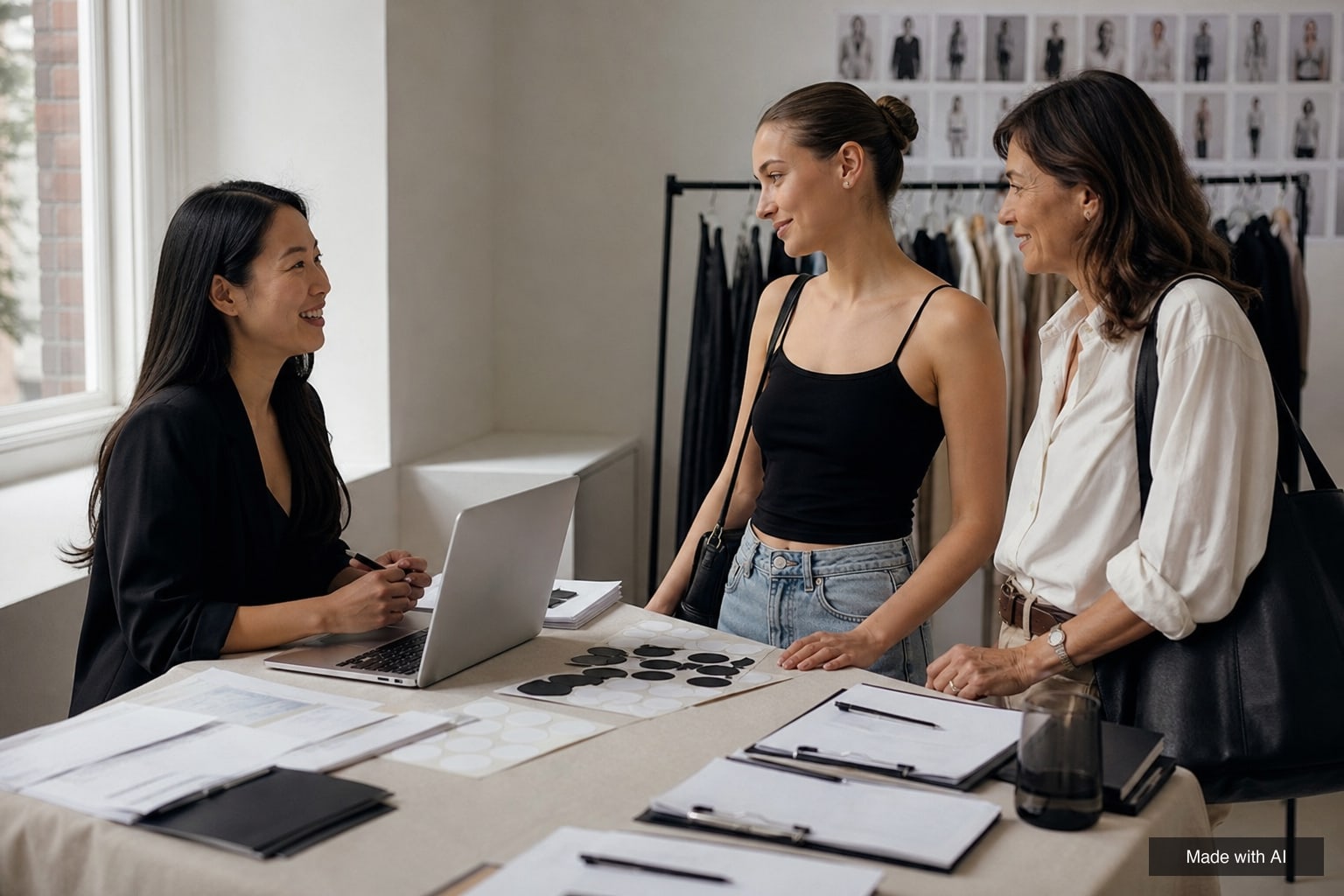 A casting assistant at a check-in table registers a young woman who arrived with her mother at an open call