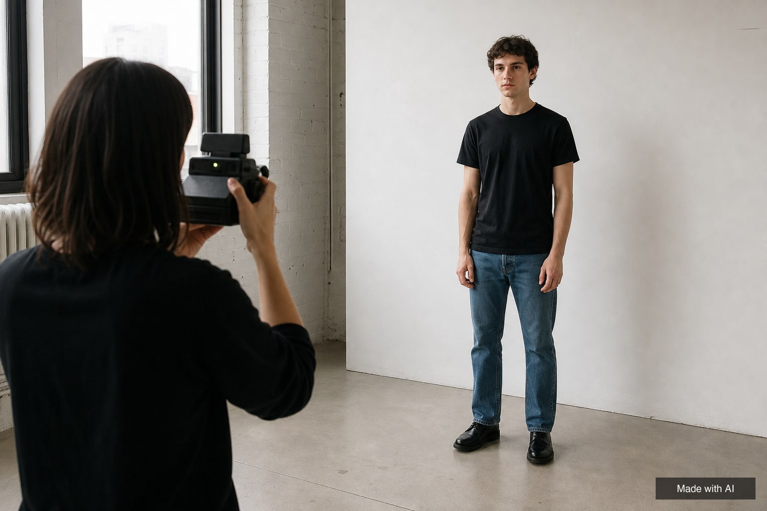 A booker photographs a young man in a plain black t-shirt and jeans against a white wall for digital polaroids