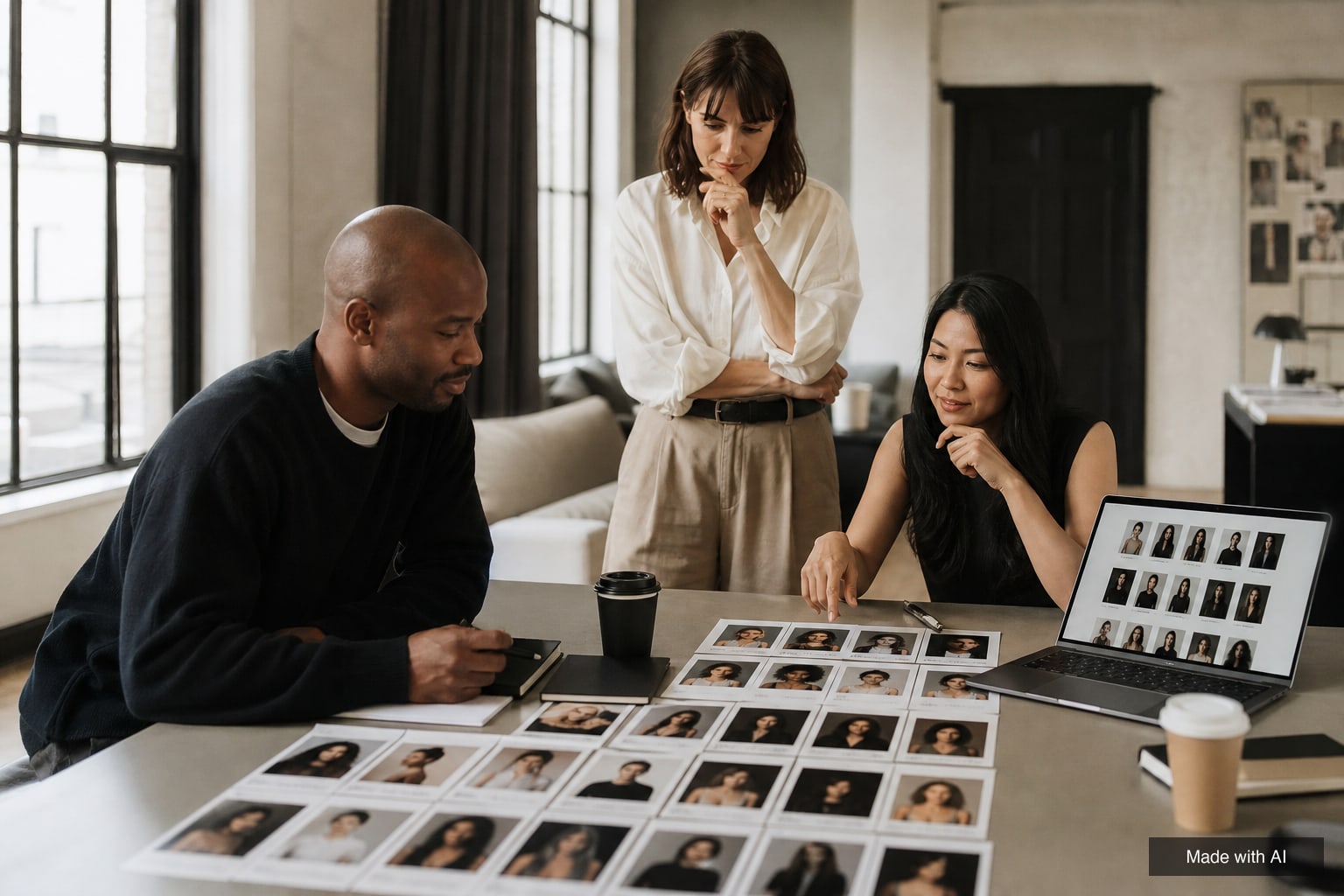 Three casting team members review printed polaroids and a shortlist on a laptop at a long studio table