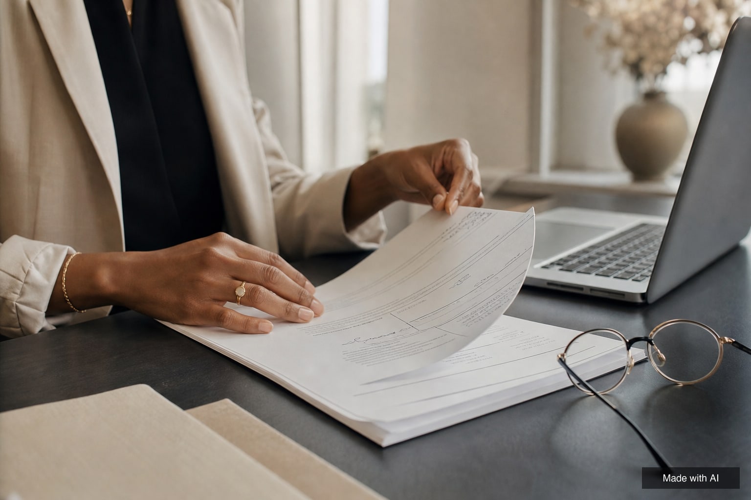 Hands turning the pages of an annotated contract on a desk