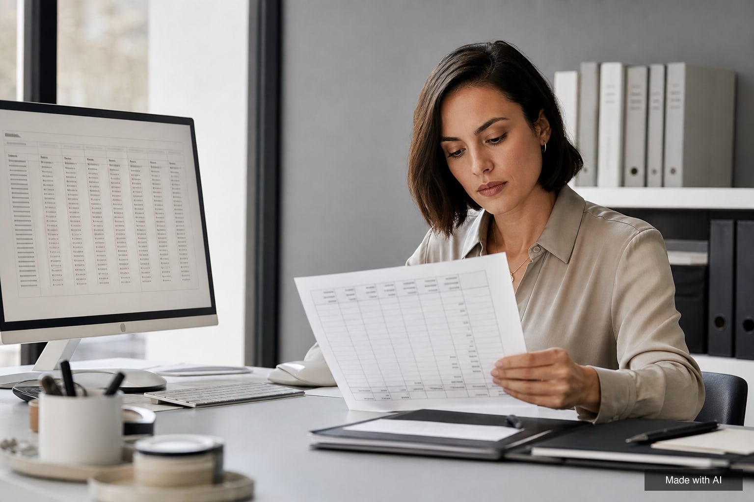 Agency accounts manager checking a model statement against a payment table on screen