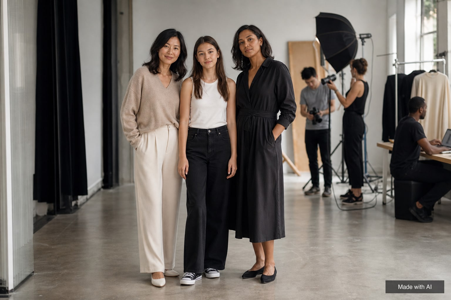 Teenage model with her mother and a chaperone at the side of a photo studio