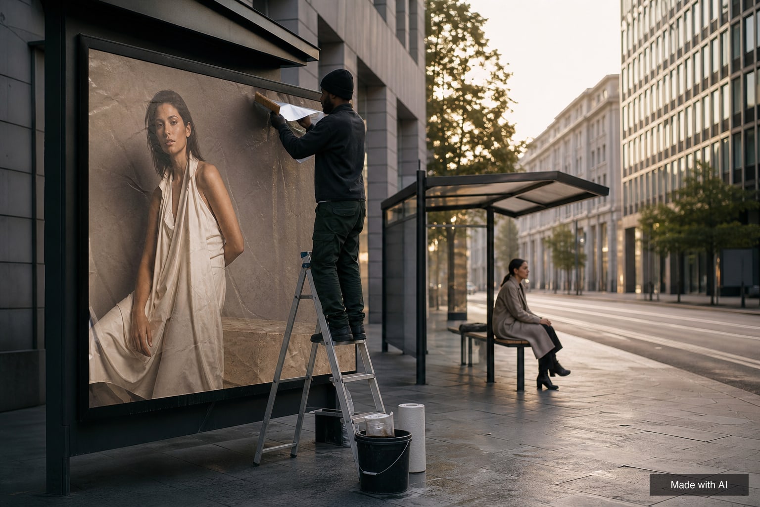 Worker installing a large outdoor advertising poster at a city bus stop