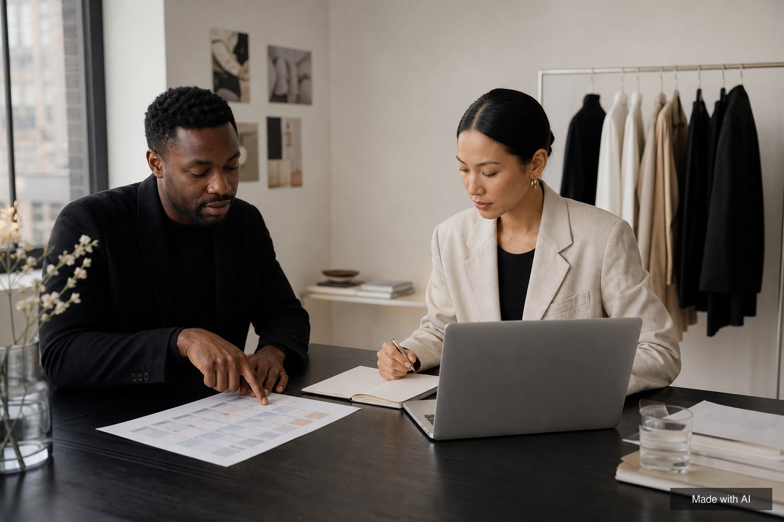 Two agency staff discussing a usage period on a printed calendar