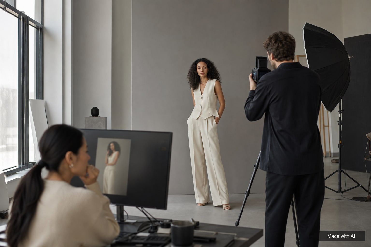 Photographer shooting a model in a studio while an art director checks a monitor