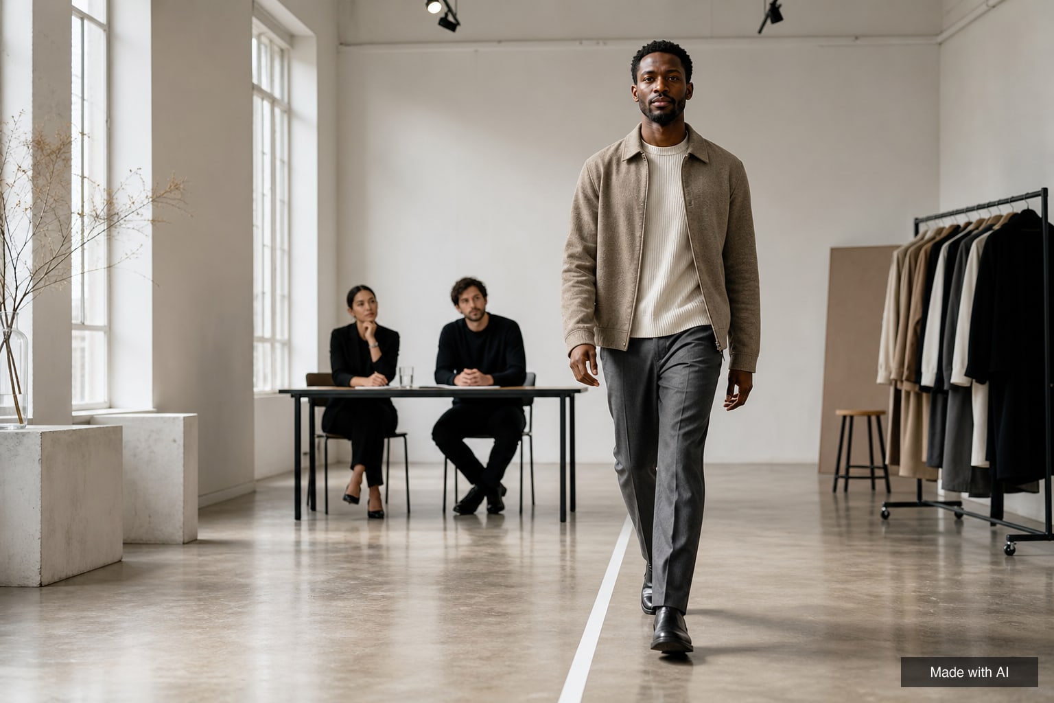 A model walks along a taped line toward a table where a casting director and a client watch during a fashion casting