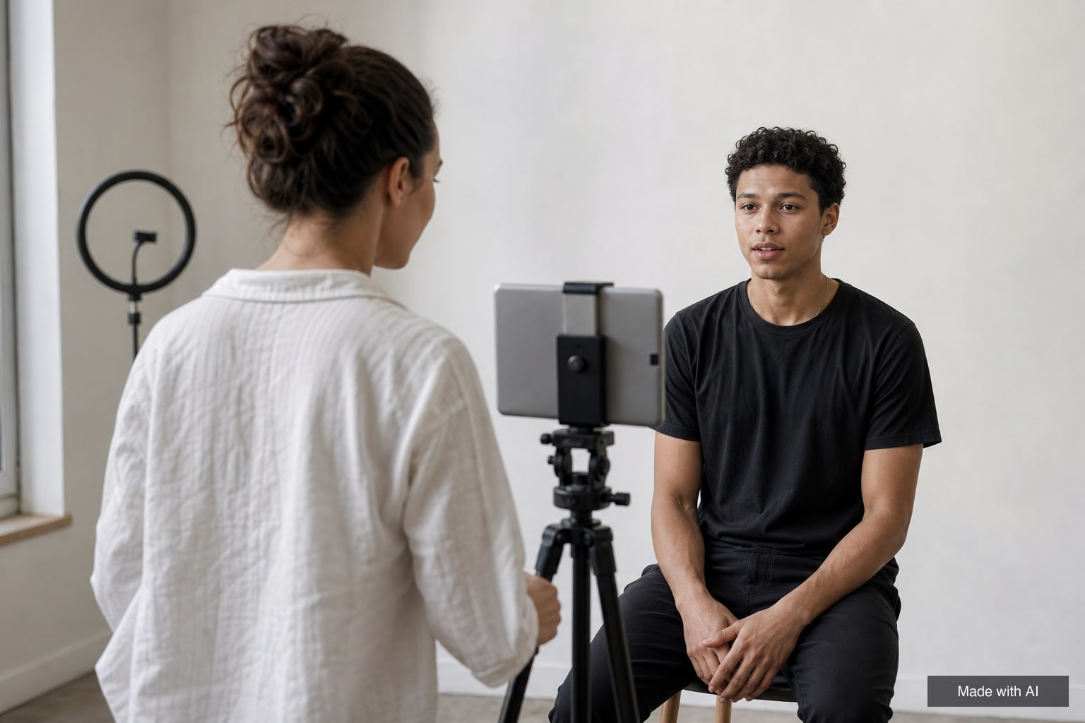 A casting assistant films a young man's short introduction with a tablet on a tripod against a white wall