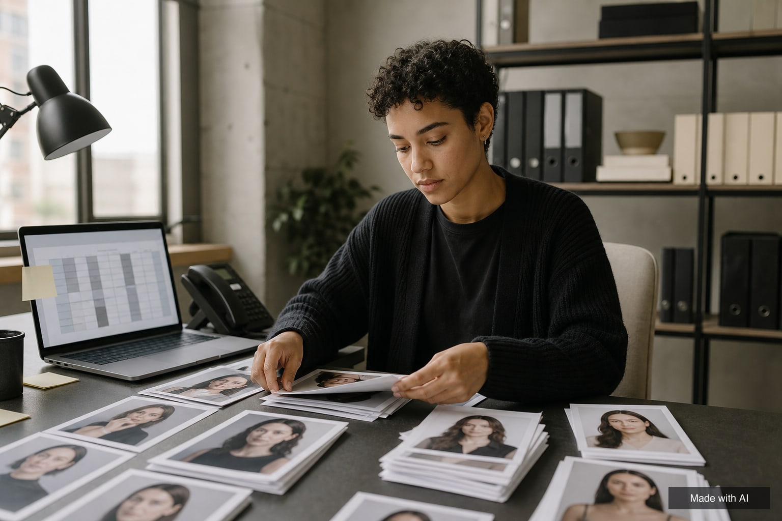 A junior casting assistant sorts printed headshots beside a laptop spreadsheet at an office desk
